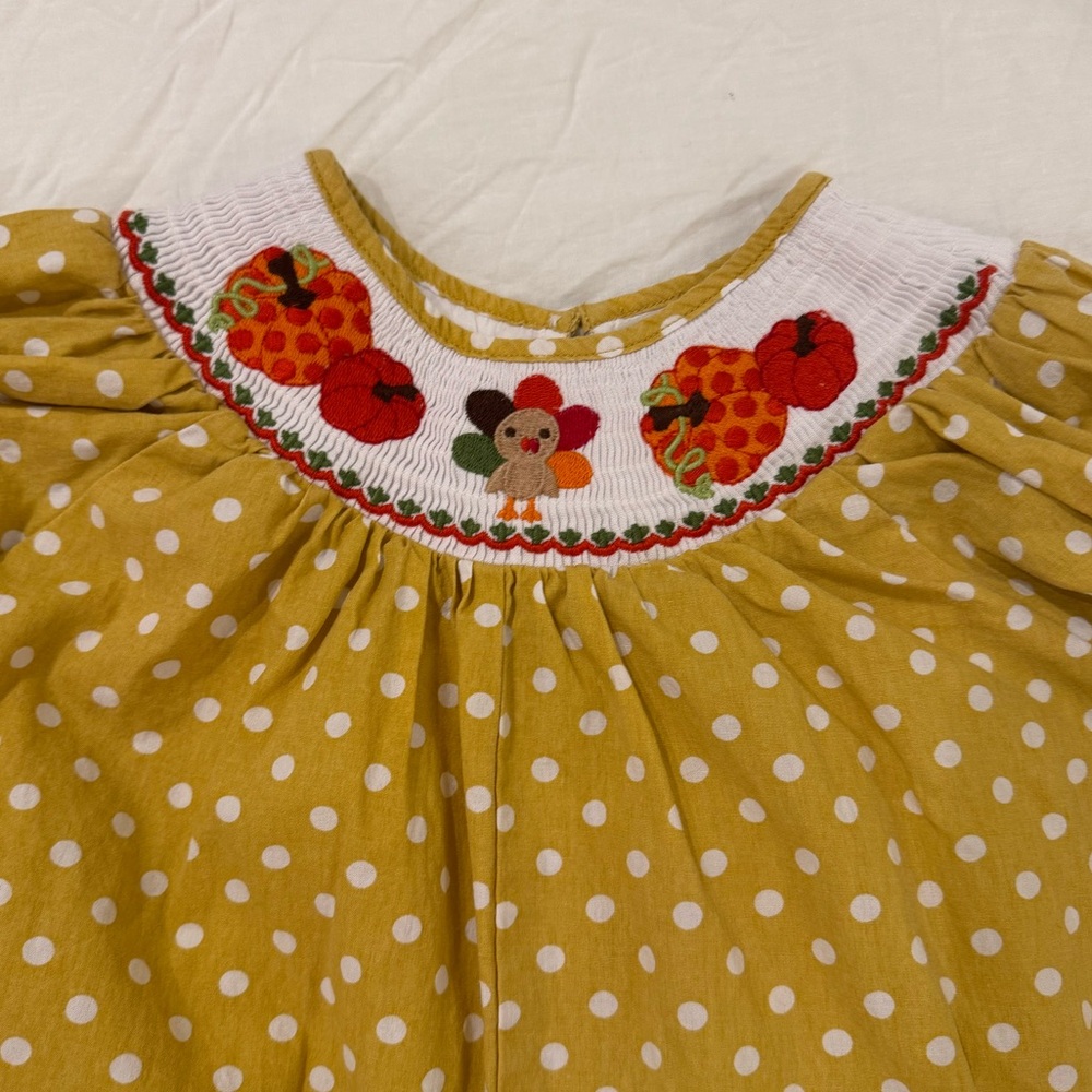 2T Thanksgiving Turkey Smocked Polka Dot One Piece - Lil Cactus - Picture 7 of 7